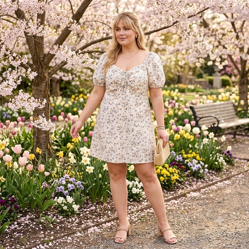 H&M Linen Blend Floral Puff Sleeve Mini Dress‎ Smocked Back Cream Blue Large